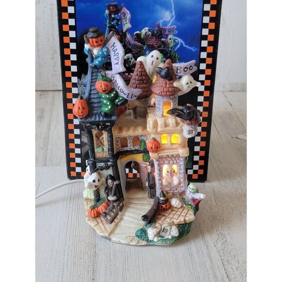 Vintage Spooky Hollow happy Halloween house Grim Reaper ghost pumpkin ceramic Vi - Picture 1 of 12